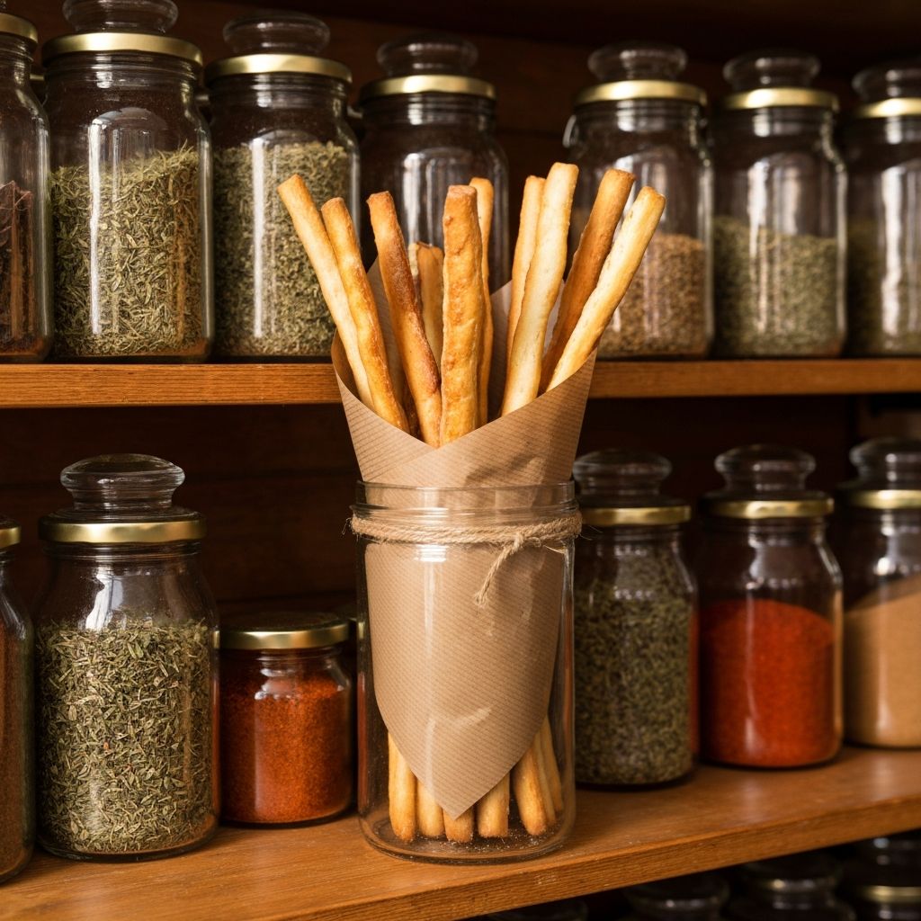 Sourdough breadsticks arranged in a jar with artisan packaging
