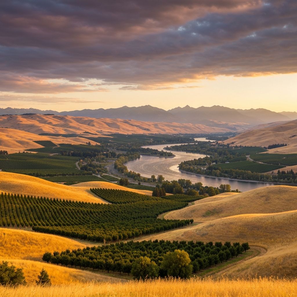 Columbia River Valley landscape near Wenatchee, Washington with orchards and rolling hills